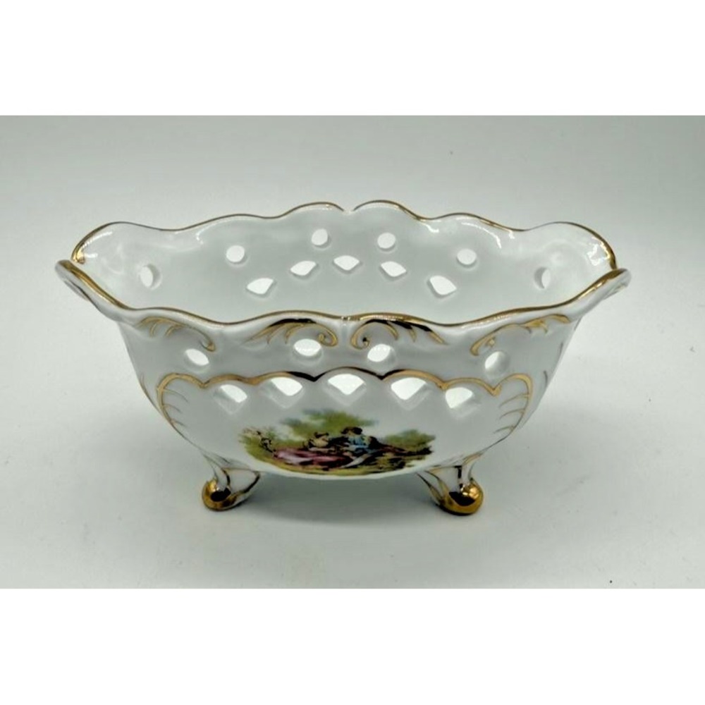 Vintage Limoges‎ France Footed Porcelain Bowl 22K Gold Reticulated Rococo Floral